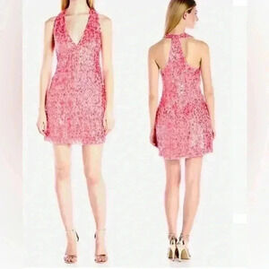 Halston Heritage Mini Dress 8 Party Pink Sequin T Back Halter Silk Lined Short